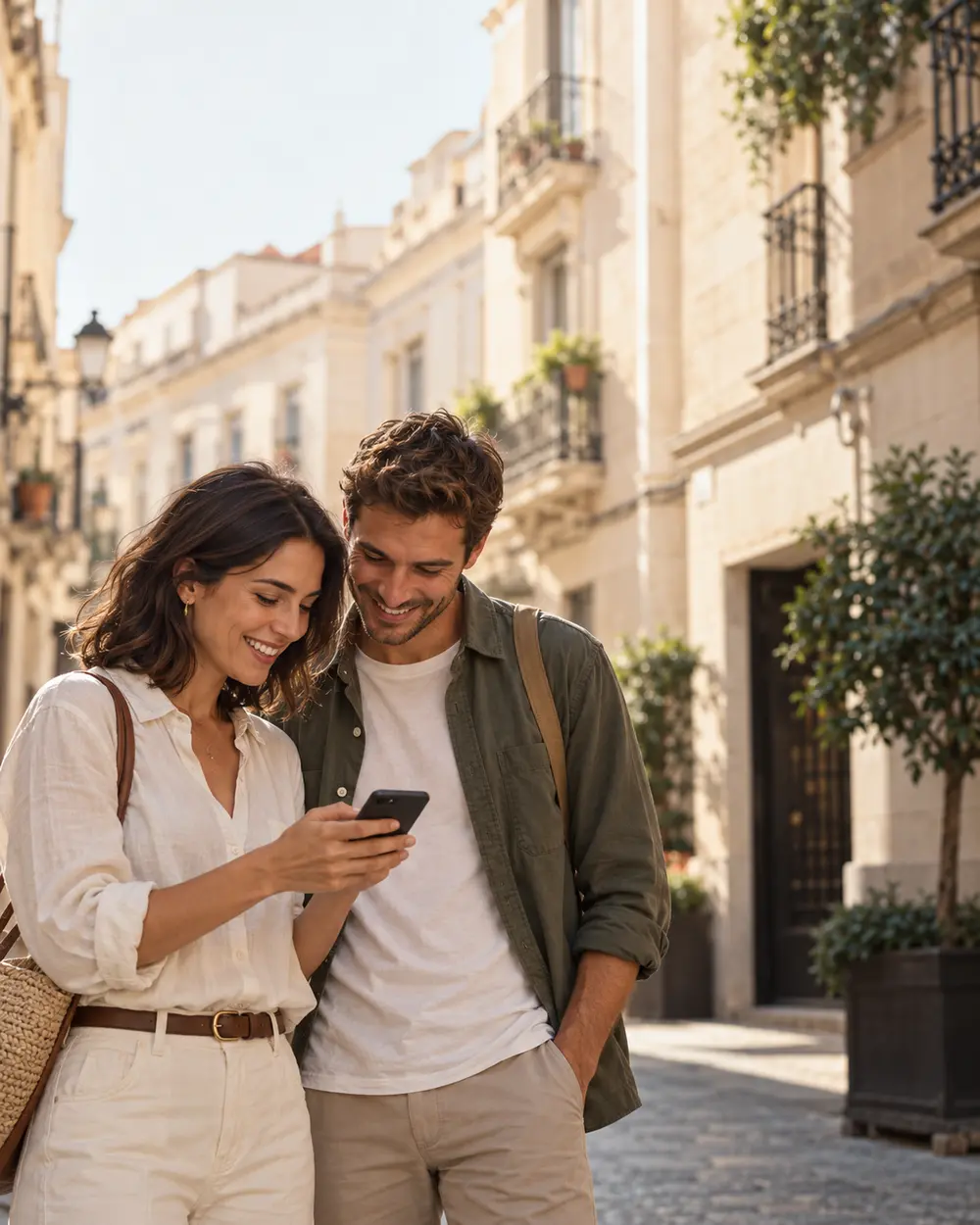 Viajeros consultando su móvil en Madrid
